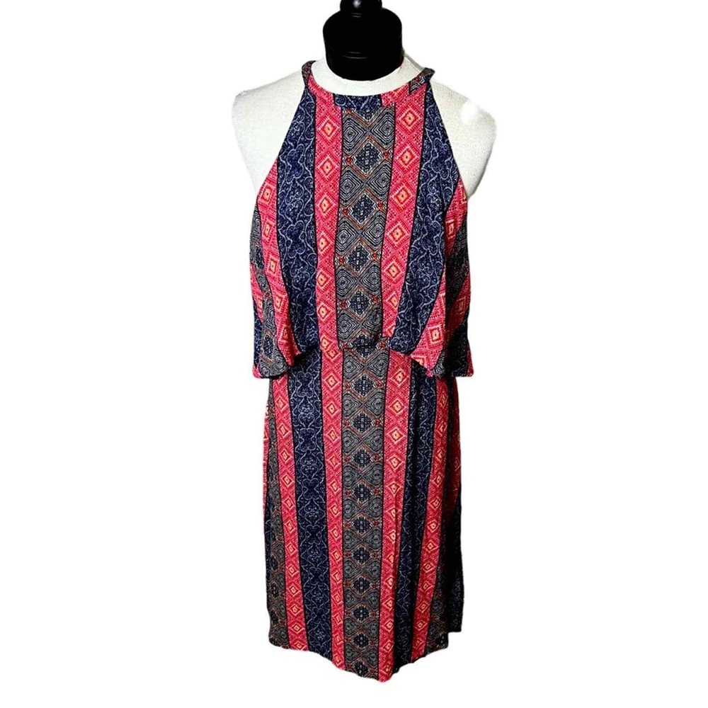 Lulus Pink and Blue‎ Geometric Print Halter Neckline Casual Summer Dress Large